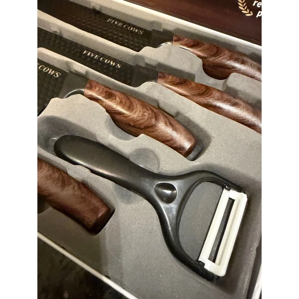 Five Cows 6 Piece Kitchen Knife Set Black Non Stick Stainless Steel Wood Grain